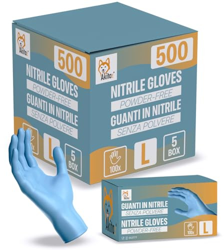 AKITAInk Guanti in Nitrile Blu senza polvere, senza lattice - Ipoallergenici, Resistenti, Ideali per Ambiti Medici e Alimentari per Estetisti, Tatuatori, Ambiti Medici, guanti per alimenti (500, L)