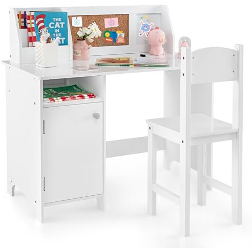 COSTWAY Kinderschreibtisch Set, Schreibtisch Kinder mit Stuhl aus Holz, Schülerschreibtisch mit Bücherregal, Schrank & Pinnwand, Jugendschreibtisch für Kinder ab 3 Jahren, Weiß