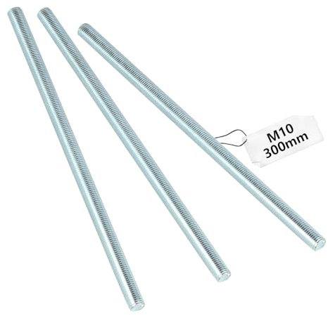 3 Stück M10 Gewindestange M10 x 300mm, Gewindestangen Festigkeitsklasse 4.8 Metrisch Gewindestift aus verzinkter Stahl, Gewindestab mit Regelgewinde, Gewindebolzen Gewindestäbe Metallstange