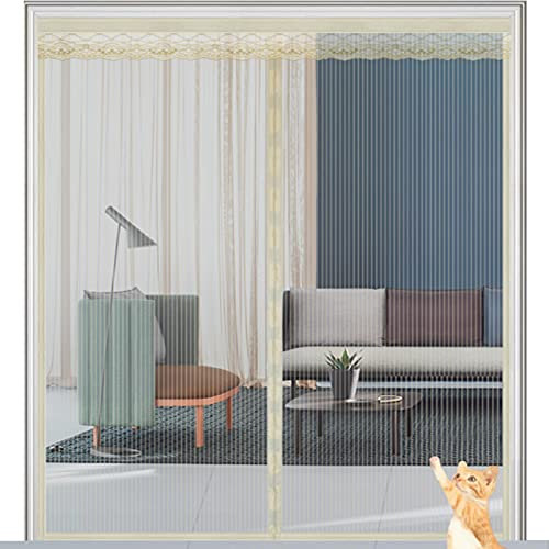 Cortina de malla magnética para puerta con cinta mágica, color crema, 160 x 220 cm, antimosca, transpirable, sin perforaciones, pantalla magnética para puerta