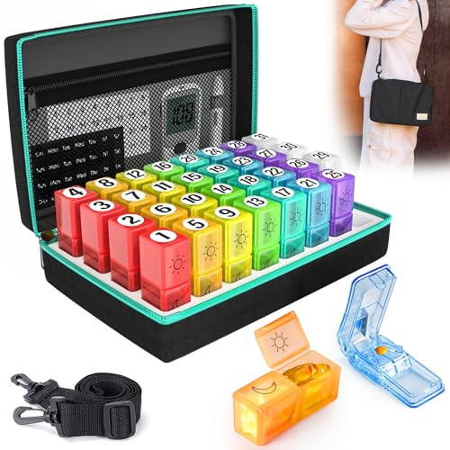 Yaklim Large Capacity Monthly Pill Box Organiser 2 Times a Day, AM PM Tablet Dispenser with Pill Cutter & Shoulder Strap, Portable Travel Medicine Case with Mesh Pocket for Vitamins Supplements