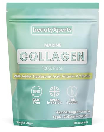 Marine Collagen Capsules | with Biotin, Hyaluronic Acid & Vitamin C | High Strength Pure Collagen Peptides Supplements for Women and Men | 60 Capsules (Not Tablets or Powder)