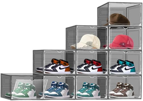 EZJOB 6 Stück Schuh boxen aufbewahrung, Schuh Organizer Box Klare Kunststoff Stapelbare Aufbewahrungsbox mit Deckel Sneaker Display Case für Frauen/Männer, 32,8 x 27 x 20,7 cm (Schwarz)