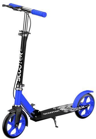 Klappbarer City Kickscooter, Höhenverstellbar Tretroller, 200 mm Big Wheel Scooter, Handbremse Kickroller für Kinder und Erwachsene bis 150 kg, Breitere Klappen für Weniger Spritzer (Blau)