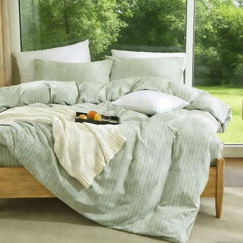 MWL Toy Striped Duvet Cover Set Queen Size Chic Linen Like Textured Bedding Set 100% Washed Cotton Duvet Cover for All Seasons 3 Pcs Breathable Durable Comfy (Sage Green White Wide Pinstripes, Queen)