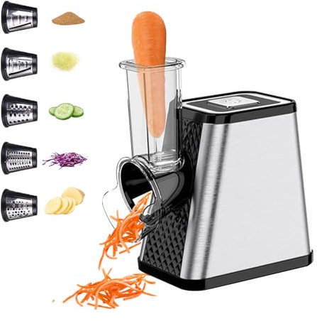 Grattugia elettrica per verdure, 5 in 1, tritatutto multifunzionale Grattugia, 800 W, in acciaio inox, tagliaverdure elettrico con 5 coni per formaggio, carote, cetrioli, patate
