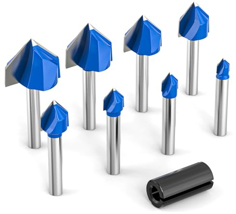 MEANLIN 8Pcs 90 Degree V Groove Router Bit 1/4-Inch Shank Woodworking Chamfer Bevel Cutter Tool, Cutting Diameter: 1/4 Inch, 5/16 Inch, 3/8 Inch, 1/2 Inch, 5/8 Inch, 3/4 Inch, 7/8 Inch, 1 Inch