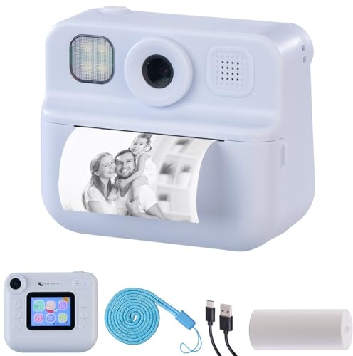 Playtastic Kinderkamera: Kinder-Sofortbild-Kamera mit Selfie-Objektiv, 2-Display, 48 MP, blau (Sofortbildkamera Kinder, Kinderkamera Sofortbild, Strand)