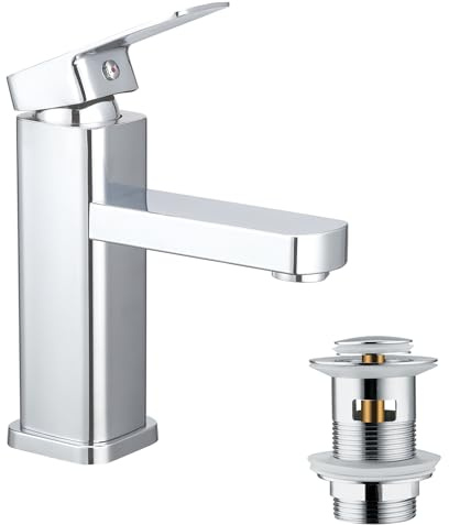 Bathroom Basin Mixer Taps with Slotted Pop Up Waste Washroom Hot and Cold Basin Tap Single Lever Chrome Bathroom Sink Faucet with 80CM BSP1/2 Hoses