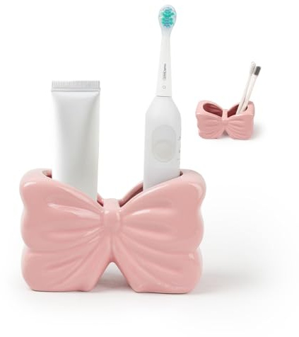 Kelivi Pink Bow Toothbrush Holder Multi-Purpos Organizer for Bathroom | 2-Section Design Suitable For Placing Toothbrushes & Standard Toothpaste Tubes,Stable Design,Cramic Electric Toothbrush Stand