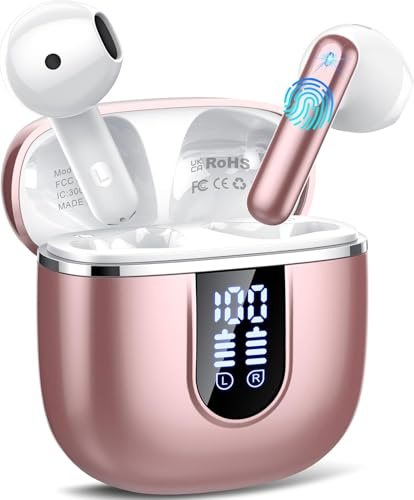 Wireless Earbuds, 2026 Bluetooth 5.4 Earphones In Ear 3D Stereo, Bluetooth Headphones with 4 ENC Noise Cancelling Mic, 40H Deep Bass IP7 Waterproof Headset Comfortable Earbuds for Work,Sport Rose Gold