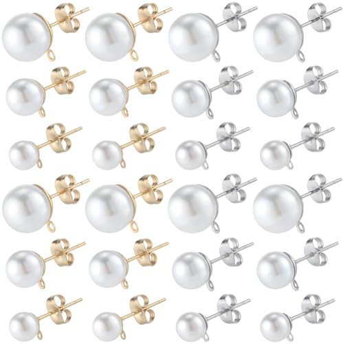 SOFPLATE 1 låda 30 par 2 färger pärlörhängen fynd små glaspärlor örhängen stolpar med ögla bulk guld silver rostfritt stål 19/21/23 mm örondubbar för smyckestillverkning tillbehör gör-det-själv