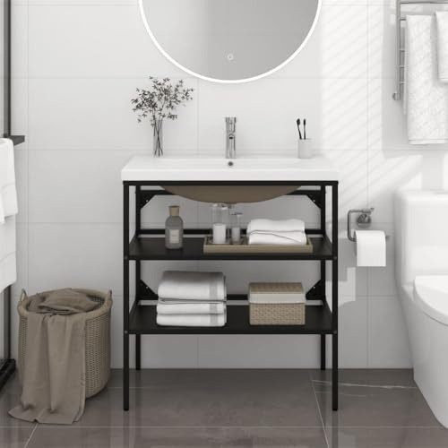 Mimdixy Mobiletto da bagno con lavandino, in ferro nero, per bagno, soggiorno e cucina