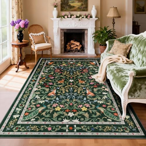 TUKDAK Rugs Living Room Non Slip 120x180cm, Green Animal Washable Rug for Bedroom, Boho Forest Floral Animal Floor Carpet for Kitchen Dining Room Office Kids Nursery Room, Soft Low Pile