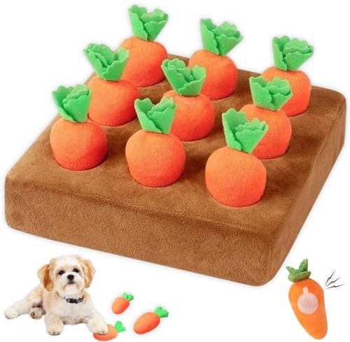 Beojonvy 2026 Neu Schnüffelteppich Hund mit Quietsch, 9 Stück Plüsch Karotte Intelligenzspielzeug, Interaktives Hundespielzeug Karottenfeld Fütterungsspiel für Welpen, Seniorhunde 24x22x6cm