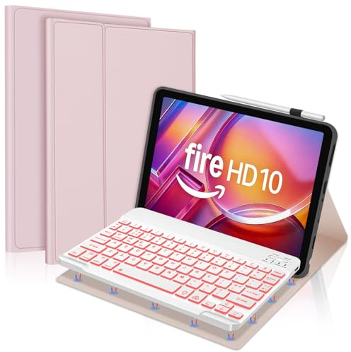 Keyboard Case for Fire HD 10 & 10 Plus 10.1 inch (13th/11th Gen 2023/2021) | Case for HD 10 & 10 Plus 10.1, 7 Colors Backlit UK Layout Bluetooth Detachable Keyboard, Pink