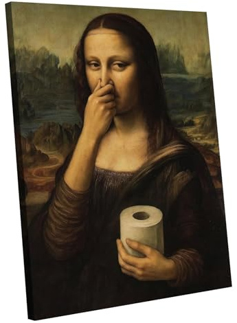 FSSODWT Lustige Mona Lisa Toilette Badezimmer Leinwand Wandkunst 12x16in | Nase kneifen Wanddekoration, Klassisches Gemälde, Humor Amüsante Toilettenkunst, Skurriler Posterdruck