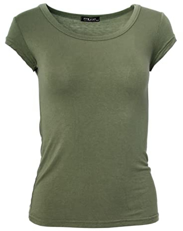 Easy Young Fashion - Damen Basic Rundhals T-Shirt - Kurzarm Unterziehshirt Skinny Fit 1001 - Olive M
