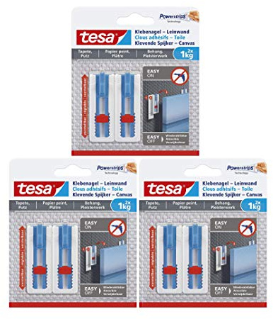 Tesa 77778 Klebenagel Tapeten & Putz-höhenverstellbar-Selbstklebender ideal für Leinwand & Keilrahmen-hält bis 1kg/Nagel-spurlos ablösbar, Weiß (1kg - 6 Klebenägel, Auf Tapete & Putz)