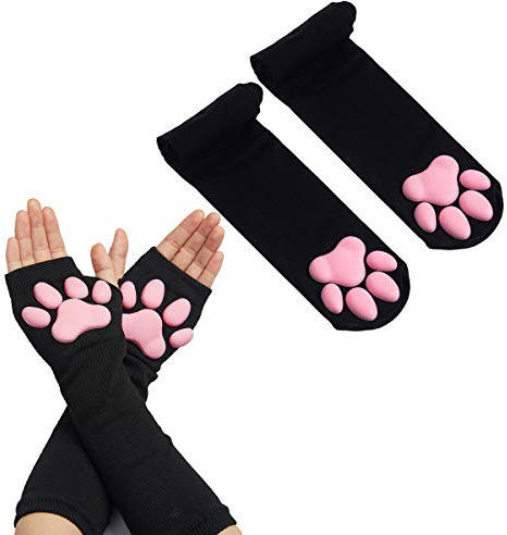 Overknee-Strümpfe und lange, fingerlose Handschuhe mit Katzenpfoten, niedlich, weich, 3D-Katzenpfote, für Mädchen und Damen, Lolita-Cosplay-Set, Schwarze Socken und lange Handschuhe