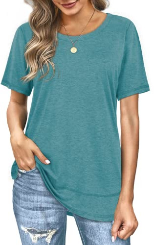 Dofaoo Womens Long Tunic Tops to Wear with Leggings Short Sleeve Shirts Spring Tops Beach Vacation Clothes Summer Tshirts Curved Hem Teal Green XL