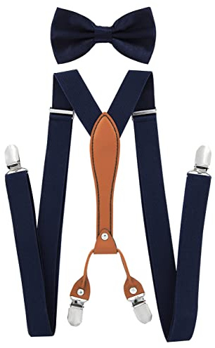 axy Herren Hosenträger mit Fliege im 2er Set Breit 2,5 cm X-Form und 4 Starken Clips PU25 (Schwarzblau)