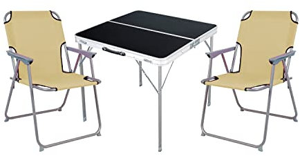 3-TLG. Campingmöbel Set Alu Camping L80xB80xH70cm 1x Campingtisch mit Tragegriff + 2 Campingstühle Beige Stoff Oxfort