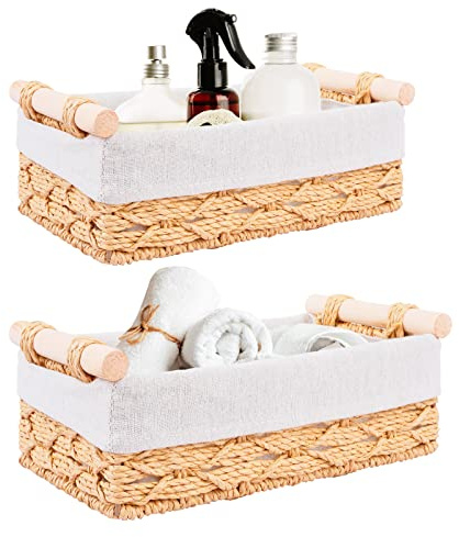 Happy Fox Set of 2 Seagrass Wicker Baskets Bins with Removable Liners，For Shelf Bathroom Kitchen Home Desk (Set of 2 Seagrass)… (Modern)