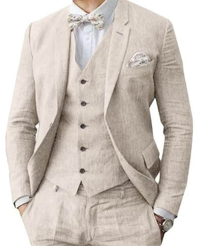 Abito da uomo in lino 3 pezzi formale da uomo d'affari blazer pantaloni abito con risvolti a tacca matrimonio testimoni dello sposo abbigliamento per feste, Beige, 60 IT
