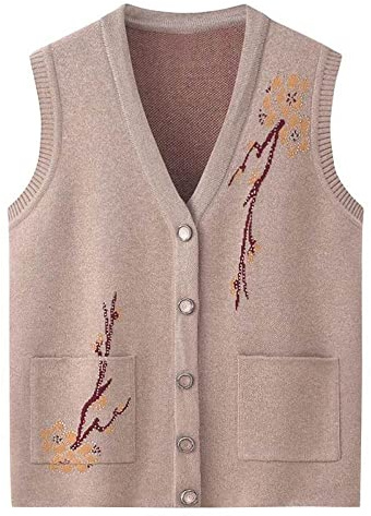LCDIUDIU Middle Aged And Elderly Warm Knitted Cardigan Sweaters Sleeveless Vest,Old Lady Casual Khaki Top Grandma Knitted Cardigan Coat Jacket Women'S Spring Autumn Warm Waistcoats,Xl