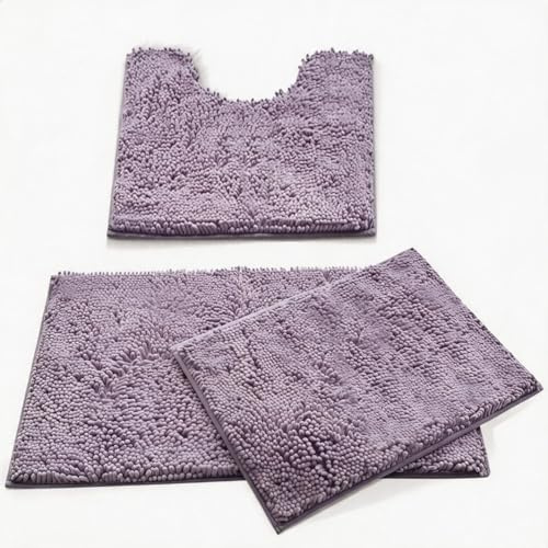 MEGAROOM Chenille Badezimmerteppich Set 3 Teilig, Ultra-weich Badematte & U Förmige wc Vorleger, Antirutsch Badezimmer Set Waschbar für Badezimmer, WC, Wohnzimmer, Schlafzimmer, Hellviolett