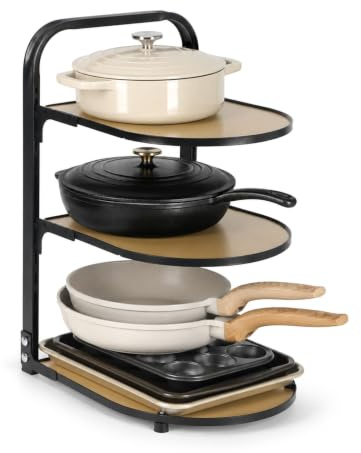 KMQRDZi Pot Holder, Pan Organizer for Kitchen, Kitchen Shelf, Frying Pan Cooking Pan Staggered Storage Rack, 3-Tier Adjustable Pot Organiser Shelf for Cabinet