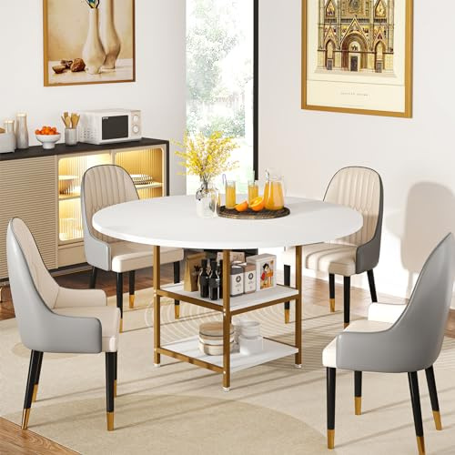 Tribesigns Runder Esstisch mit Ablagen für 4 Personen, 120 x 75 cm (Durchmesser x H) Rund Esstisch, Küchentisch mit Holzplatte, für Esszimmer, Wohnzimmer, Weißgold