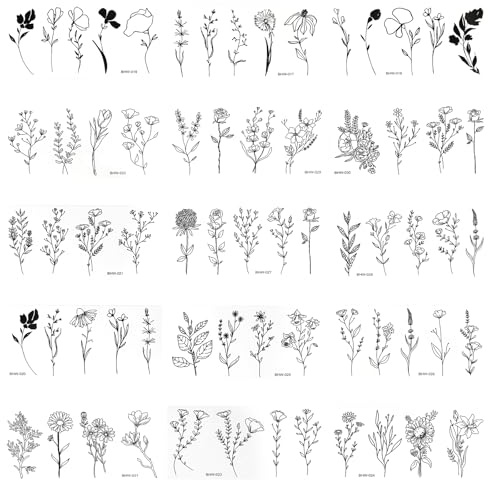 Temporäre Tattoos 15 Blatt Tattoos Erwachsene Gefälschte Blumen Rebenblätter Pflanze Fake Tattoo Schwarz Wasserfest Kleine für Frauen Körper Sticker Aesthetic Tattoo (60 Blumen)