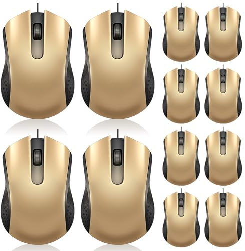 Hoteam 12 Pcs Gold Wired Computer Mouse Bulk Cord USB Computer Mice Ergonomic Wired Mouse for Pcs, Computers, Laptops, Gaming Office Home Supplies