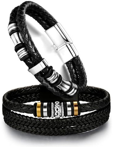 Dochais 2 Stücke Herren Armband, Premium Lederarmband für Männer in Schwarz Magnetverschluss aus Edelstahl Premium Echtlederarmband aus Leder Echtleder Geflochten Mit Magnet Verschluss