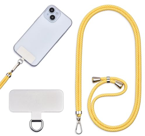 Jaslongri Cordon Para Movil Correa Movil Universal，Pegatinas Metálicas Para Teléfonos Móviles, Cuerdas Ajustables, Tirantes O Tirantes Para Liberar Las Manos. (Amarillo y blanco)