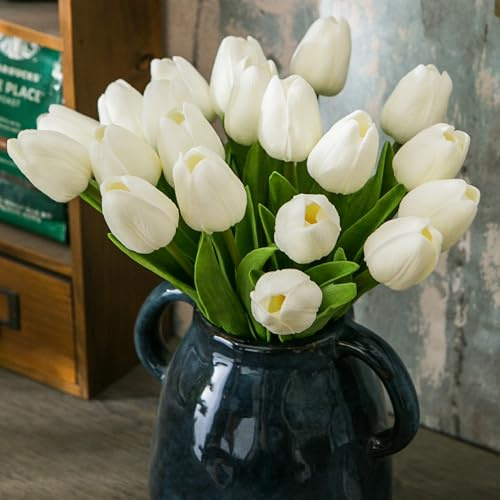Tanvecle 20 tulipani artificiali bianchi, fiori finti in seta, 33 cm, per festa della mamma, Pasqua, San Valentino, regali sfusi, casa, cucina, decorazioni per matrimoni