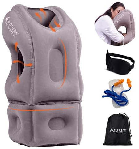 Modern Advantage Inflatable Travel Pillow with Adjustable Extra Bottom Support Neck Pillow for Chin & Head Stability Prevents Neck Pain Plane Pillow for Long Flight Travel - Eye Mask & Earplugs - Grey