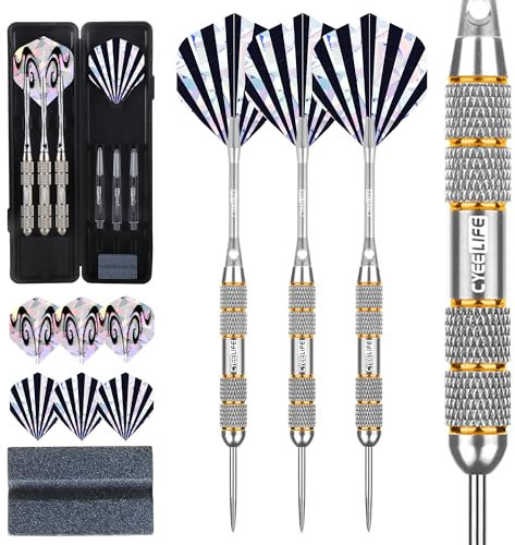 CyeeLife Dartpfeile mit Metallspitze 24 Gramm,3 Stück Dartpfeile Steeldarts,Steel Darts mit Aluminum Schäfte und PC Schäfte,6 Dart Flights und 1 Dart Tool Sharpener