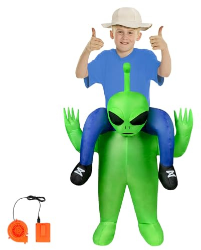AYBUY Uppblåsbar Alien-kostym, grön, uppblåsbar utomjordingskostym för barn, för Halloween, karneval, cosplay outfit, 110-145 cm, inkluderar uppblåsningssystem