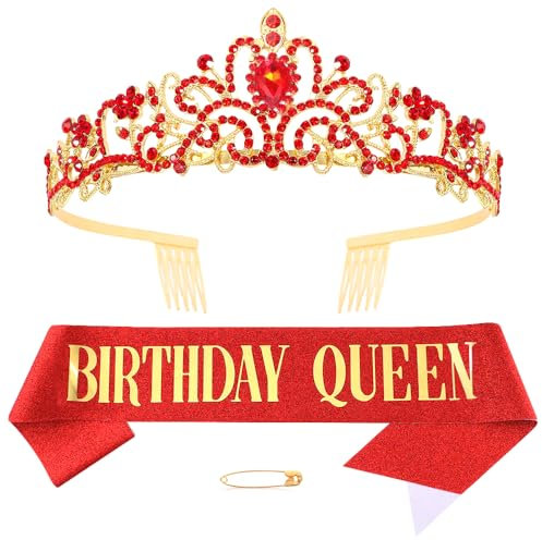 Xihuimay Couronneanniversaire Rouge pour fille et femme - Tiare - Princesse - Cristal - Écharpe - Décoration de fête - Accessoire