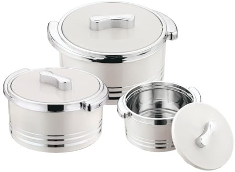 Pinnacle Lot de 3 cocottes isothermes avec couvercle 3,7/2,6/1,5 l – Réchauffeur/refroidisseur de nourriture – Bol de service thermique pour soupe/salade – Récipient à aliments chauds en acier