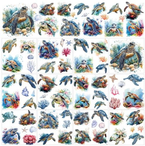 AHANDMAKER 12 Sheets Sea Turtle Rub On Transfer Stickers, Ocean Themed Window Decoration Featuring Turtles Coral, 12 Unique Designs for Turtle Lovers Creative Aquarium Decor, 5.5 x 5.5 Inches