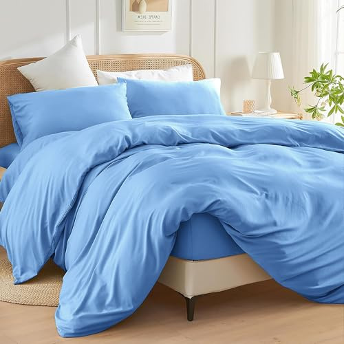SSW HOMES Single Size Duvet Cover Set (Light Blue) - 3 Pcs Brushed Microfiber Plain Dyed Quilt Cover - Bedding Set with Button Closure Include 1 Duvet Cover & 1 Pillowcase