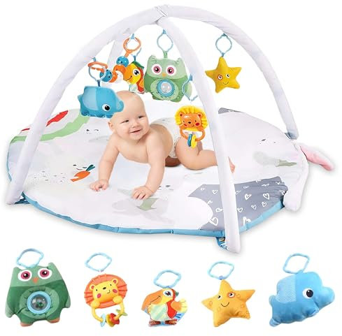 Gimnasio Bebe - Alfombra de Juegos Bebe con Juguetes Colgantes Interactiva - Manta Actividades Bebe Suave Acolchada - Tapete Actividades Bebe - Baby Gym Infantil - Gimnasio bebe 0-6 meses