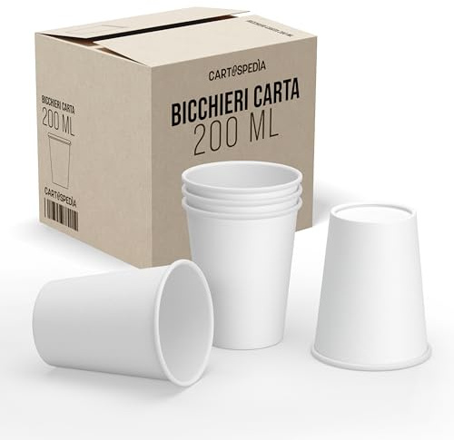 CARTOSPEDÌA - 500 Bicchieri Carta Da 200 ml, Biodegradabili e Compostabili, Usa e Getta, Monouso, Ecologici per Acqua, IDEALI PER Bevande Calde/Fredde, Feste e Asporto