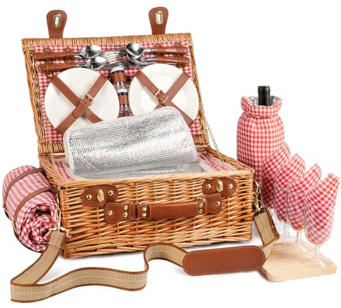 DHAEE Juego de cesta de picnic de mimbre para 4 personas con compartimento enfriador y manta de picnic impermeable, correa extraíble, bolsa de vino, juego de cubiertos, para camping, viajes de un día