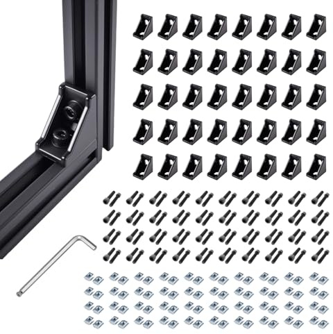 TOHIRA 40 Stück schwarze 2020 Aluprofil Winkel – Verstärkte Aluminium Eckwinkel mit M5 T-Nutensteinen und Innensechskantschrauben, Befestigungsmaterial für 20×20 Profile, CNC und DIY-Projekte