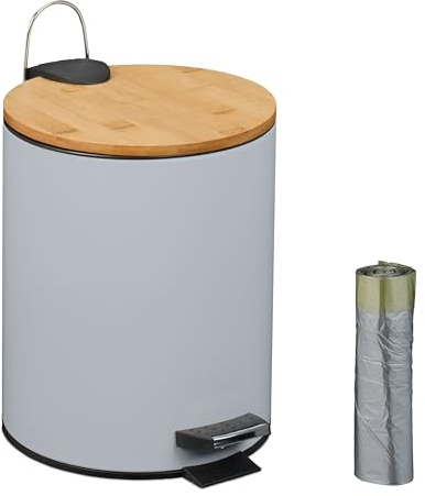 Relaxdays Kosmetikahink 5 L, automatisk sänkning, avtagbar innerhink för badrum, metall, bambu, med soppåsar, grå
